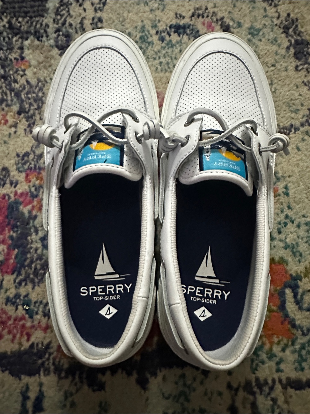 Sperry White Perforated Lace-Up Boat Sneakers with Navy Insoles